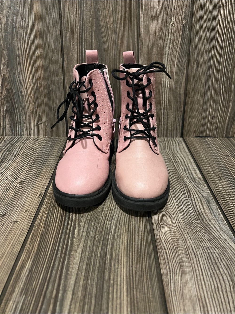Girls' Pink Lace-Up Combat Boots with Side Zipper